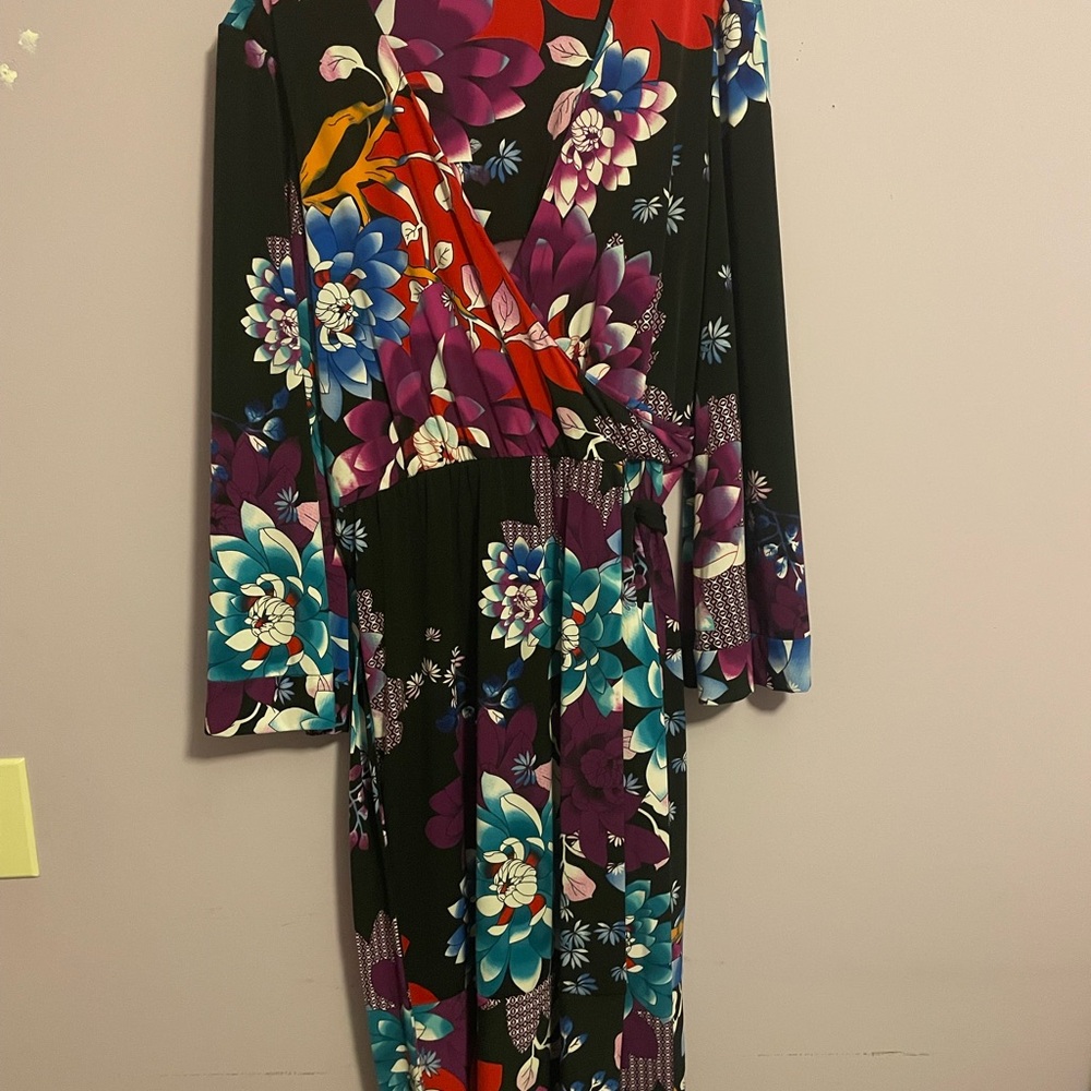 Calvin Klein Floral Long Sleeve Dress - Black, Red, Purple, Blue
